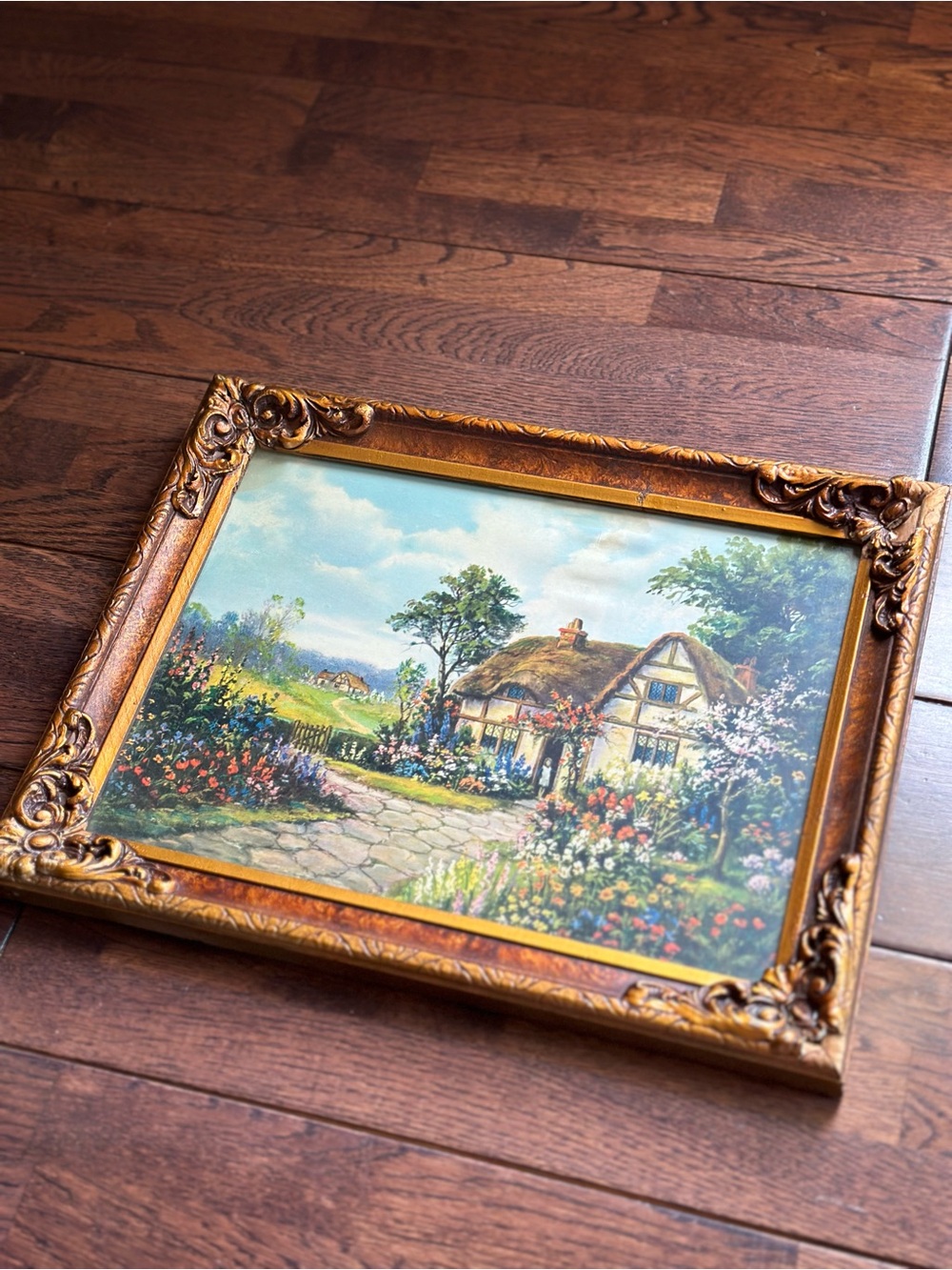 Classic Gold Framed Cottage Landscape Wall Art - Gold